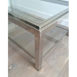 Large Two-Tier Chrome & Glass Coffee Table with Studded Detail, France circa 1970