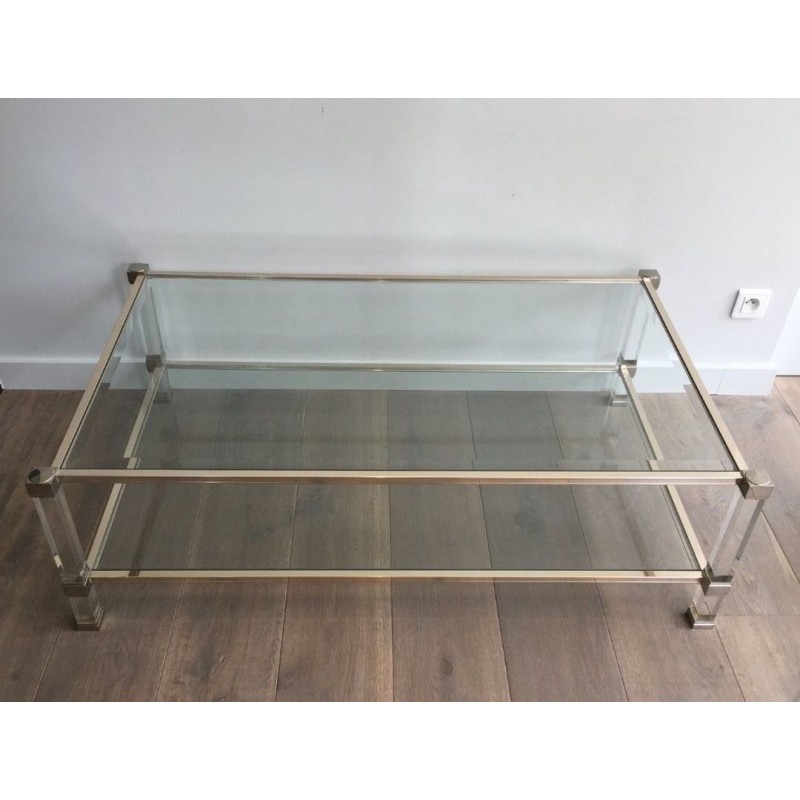 Large Two-Tier Lucite & Chrome Coffee Table, France circa 1970
