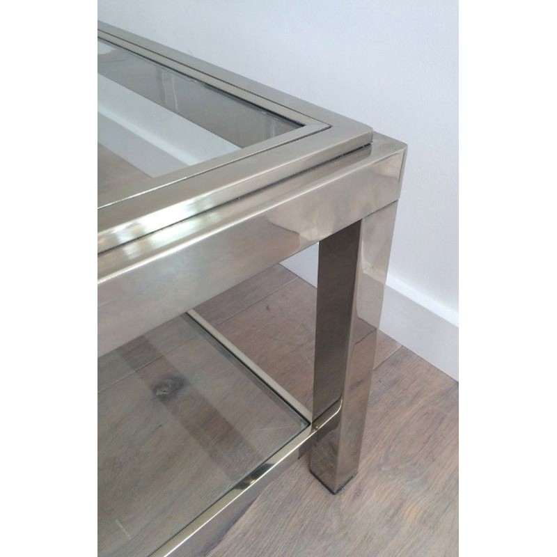 Large Two-Tier Chrome & Glass Coffee Table with Studded Detail, France circa 1970