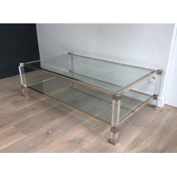 Large Two-Tier Lucite & Chrome Coffee Table, France circa 1970
