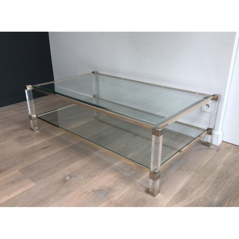 Large Two-Tier Lucite & Chrome Coffee Table, France circa 1970