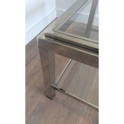 Large Two-Tier Chrome & Glass Coffee Table with Studded Detail, France circa 1970