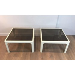 Pair of Square White Lacquered Fibreglass & Smoked Glass Side Tables by Poschinger, c.1970
