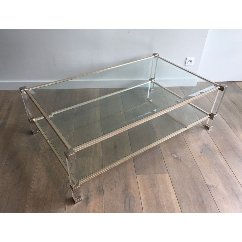 Large Two-Tier Lucite & Chrome Coffee Table, France circa 1970