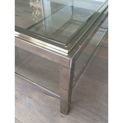 Large Two-Tier Chrome & Glass Coffee Table with Studded Detail, France circa 1970
