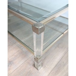 Large Two-Tier Lucite & Chrome Coffee Table, France circa 1970