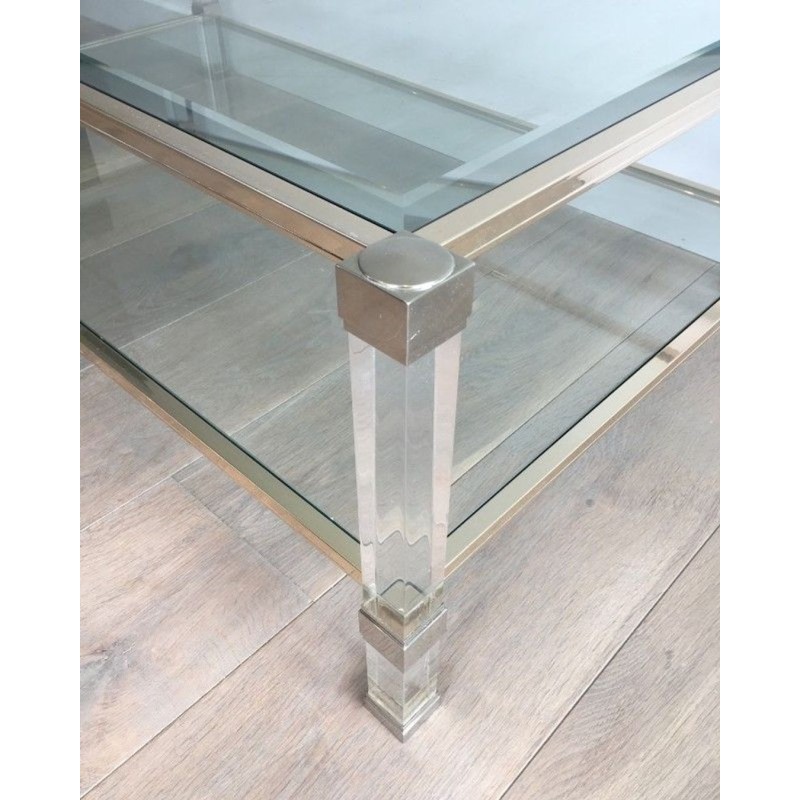 Large Two-Tier Lucite & Chrome Coffee Table, France circa 1970