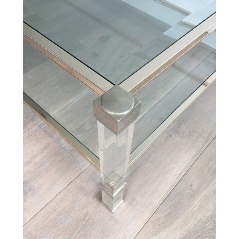 Large Two-Tier Lucite & Chrome Coffee Table, France circa 1970