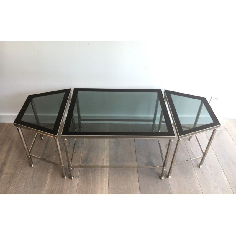 Rare French Tripartite Nickeled Coffee Table with Smoked Glass Tops, Art Deco c.1940