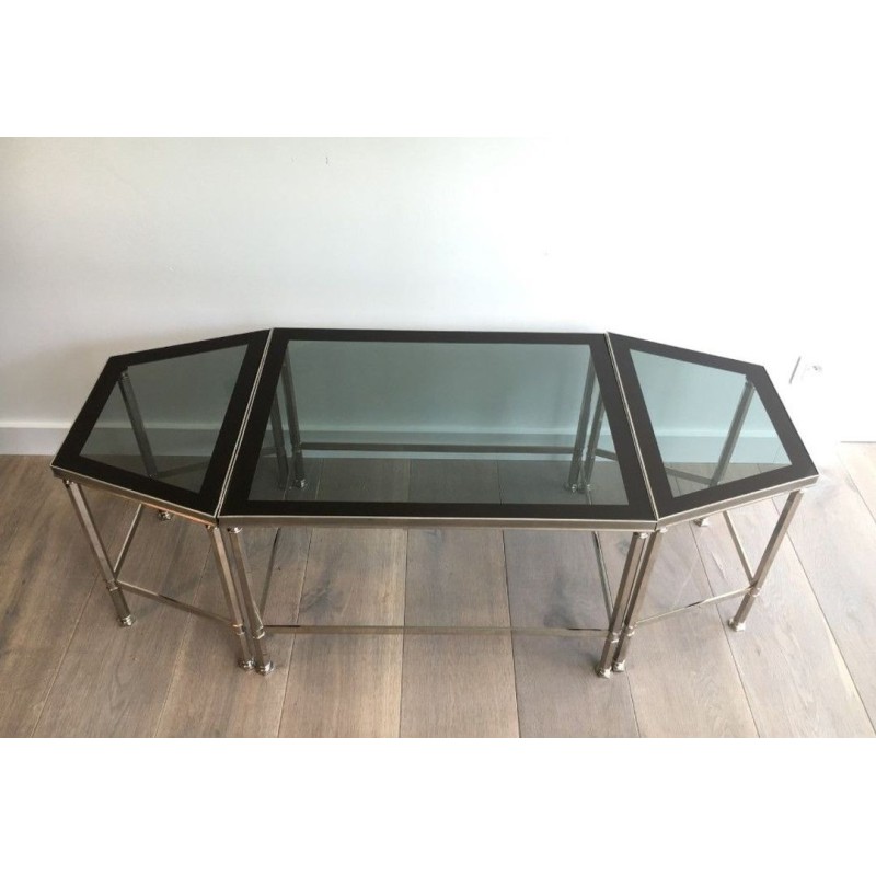 Rare French Tripartite Nickeled Coffee Table with Smoked Glass Tops, Art Deco c.1940