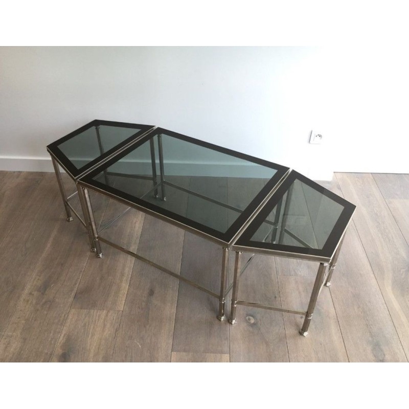 Rare French Tripartite Nickeled Coffee Table with Smoked Glass Tops, Art Deco c.1940