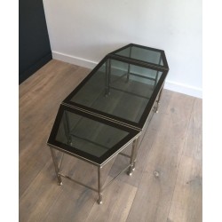 Rare French Tripartite Nickeled Coffee Table with Smoked Glass Tops, Art Deco c.1940