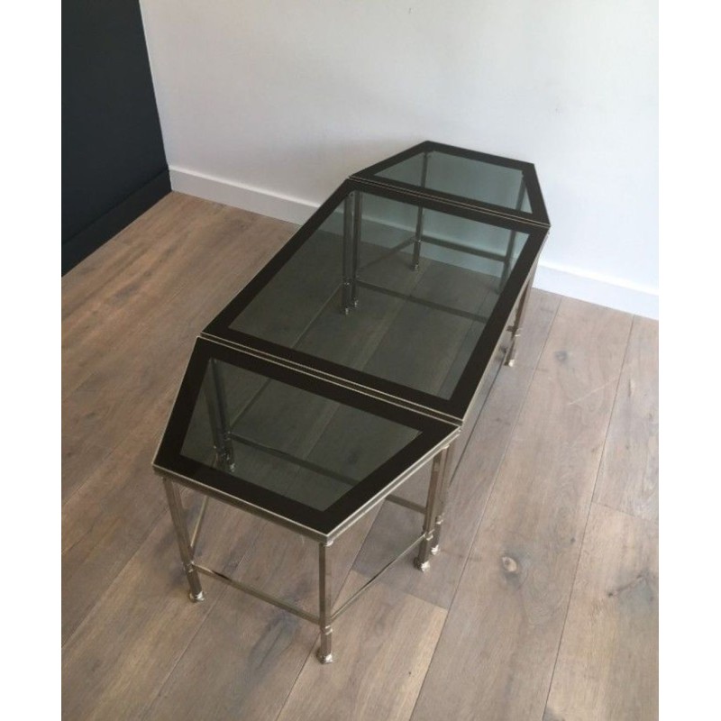 Rare French Tripartite Nickeled Coffee Table with Smoked Glass Tops, Art Deco c.1940