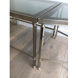 Rare French Tripartite Nickeled Coffee Table with Smoked Glass Tops, Art Deco c.1940