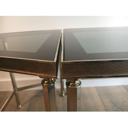 Rare French Tripartite Nickeled Coffee Table with Smoked Glass Tops, Art Deco c.1940