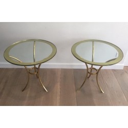 Pair of Round Gilt Brass & Glass Side Tables, circa 1970