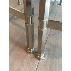 Rare French Tripartite Nickeled Coffee Table with Smoked Glass Tops, Art Deco c.1940