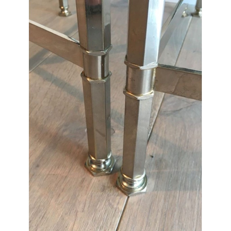 Rare French Tripartite Nickeled Coffee Table with Smoked Glass Tops, Art Deco c.1940