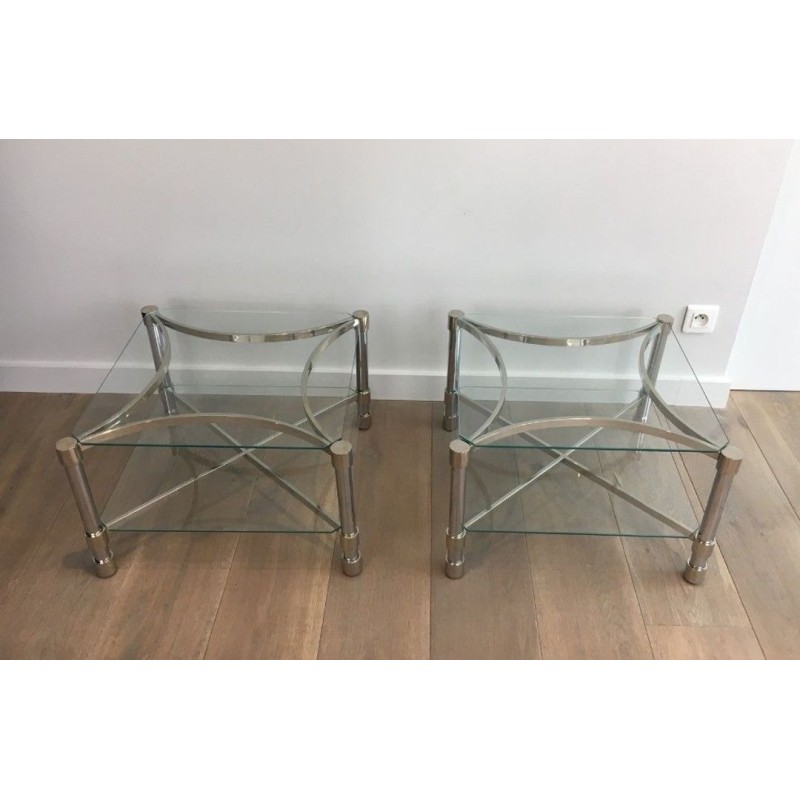 Pair of Square Chrome & Glass Low Side Tables, circa 1970