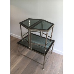 Rare French Tripartite Nickeled Coffee Table with Smoked Glass Tops, Art Deco c.1940