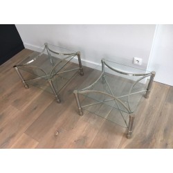 Pair of Square Chrome & Glass Low Side Tables, circa 1970