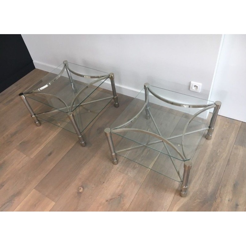Pair of Square Chrome & Glass Low Side Tables, circa 1970