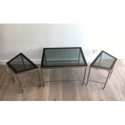 Rare French Tripartite Nickeled Coffee Table with Smoked Glass Tops, Art Deco c.1940