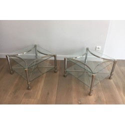 Pair of Square Chrome & Glass Low Side Tables, circa 1970