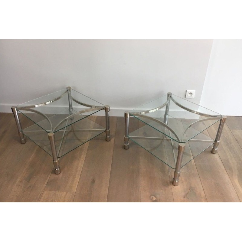 Pair of Square Chrome & Glass Low Side Tables, circa 1970