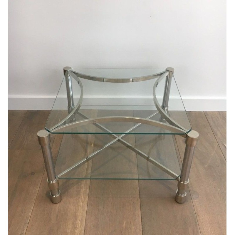 Pair of Square Chrome & Glass Low Side Tables, circa 1970