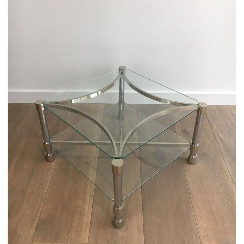 Pair of Square Chrome & Glass Low Side Tables, circa 1970