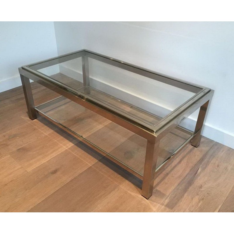 Two-Tier Chrome and Brass Coffee Table with Inlaid Brass Band