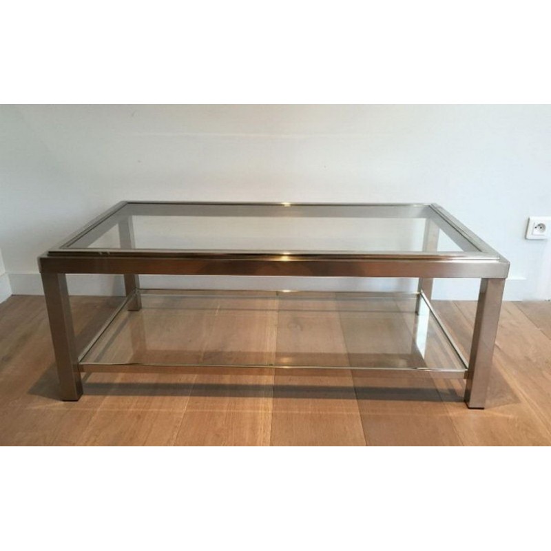 Two-Tier Chrome and Brass Coffee Table with Inlaid Brass Band