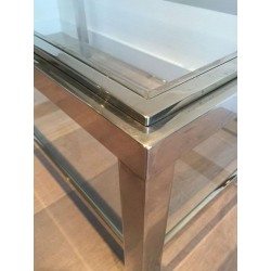 Two-Tier Chrome and Brass Coffee Table with Inlaid Brass Band