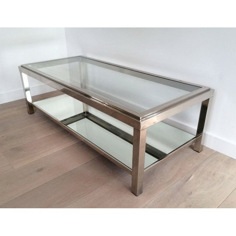 Chrome and Glass Two-Tier Coffee Table with Ribbed Frame