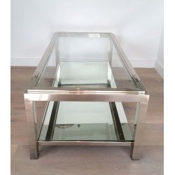 Chrome and Glass Two-Tier Coffee Table with Ribbed Frame