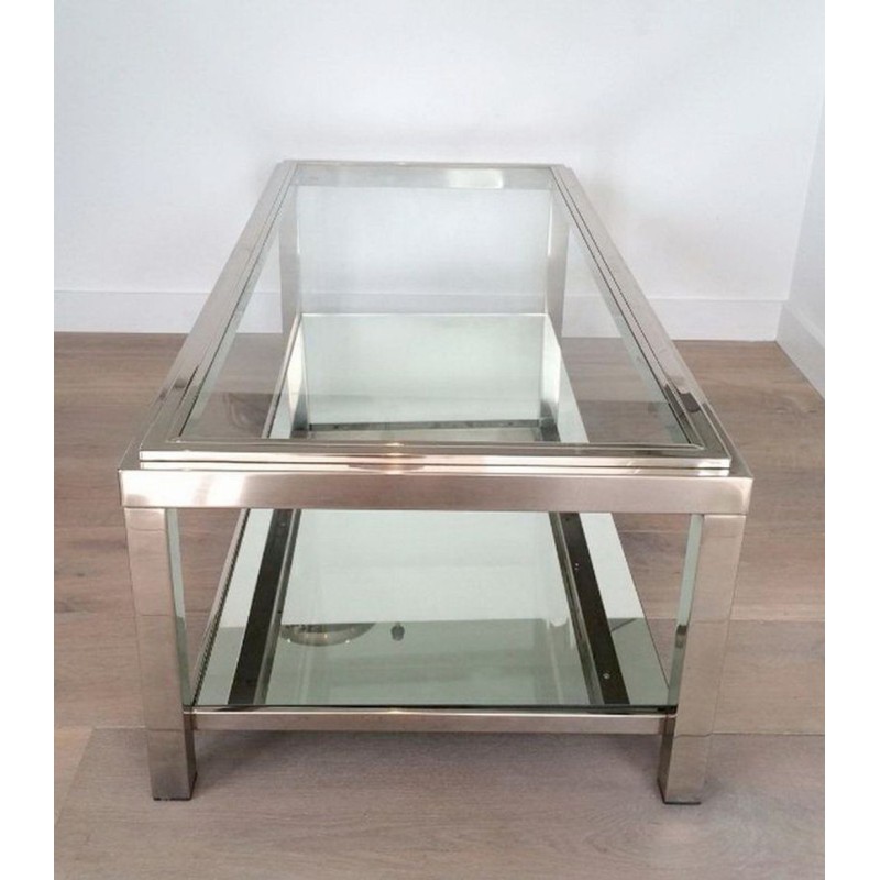 Chrome and Glass Two-Tier Coffee Table with Ribbed Frame
