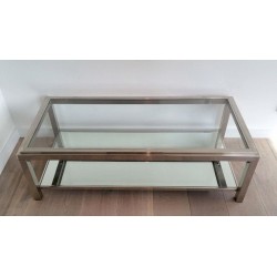Chrome and Glass Two-Tier Coffee Table with Ribbed Frame
