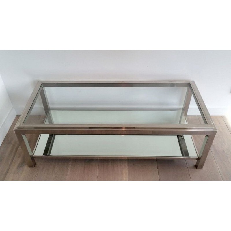 Chrome and Glass Two-Tier Coffee Table with Ribbed Frame