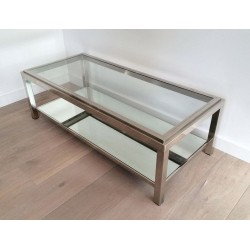 Chrome and Glass Two-Tier Coffee Table with Ribbed Frame