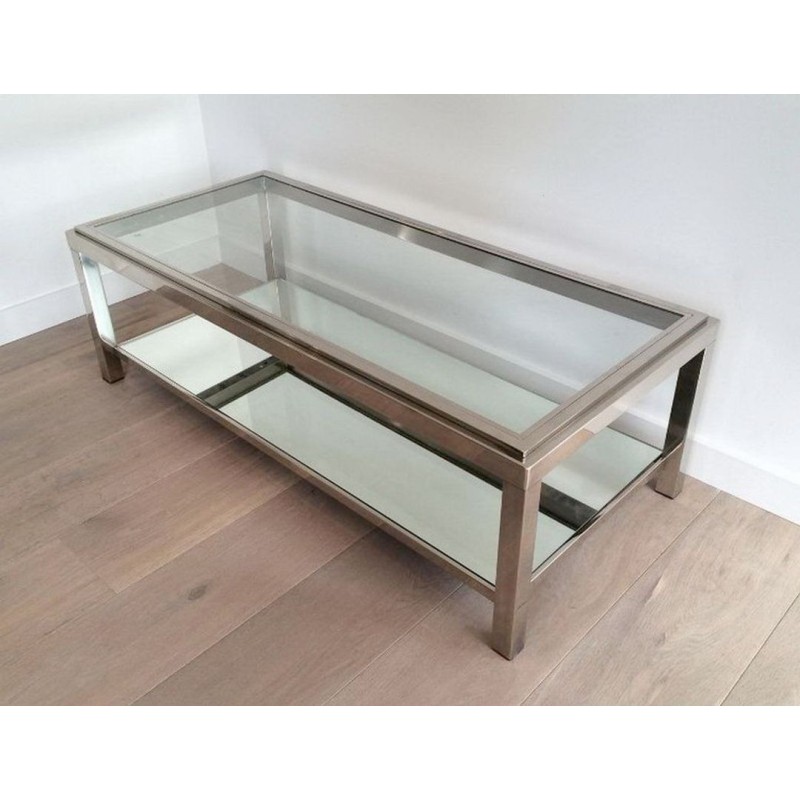 Chrome and Glass Two-Tier Coffee Table with Ribbed Frame