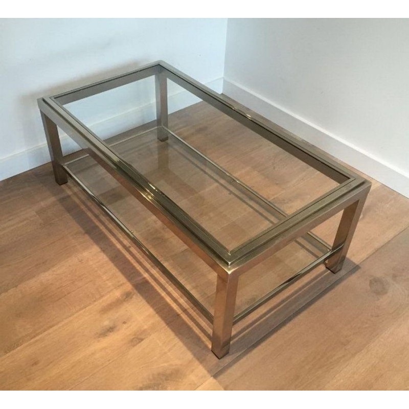 Two-Tier Chrome and Brass Coffee Table with Inlaid Brass Band