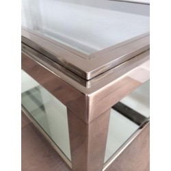 Chrome and Glass Two-Tier Coffee Table with Ribbed Frame