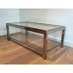 Two-Tier Chrome and Brass Coffee Table with Inlaid Brass Band
