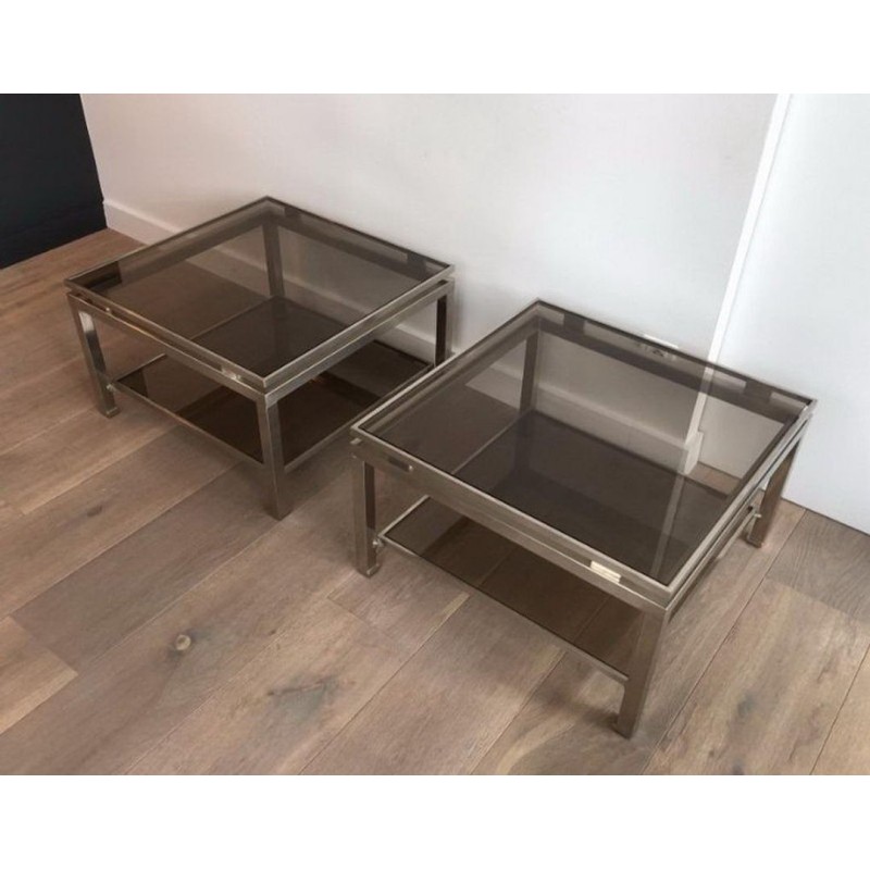 Pair of Brushed Steel and Smoked Glass Side Tables by Guy Lefèvre for Maison Jansen