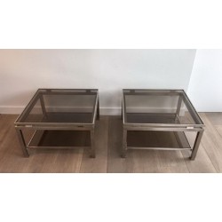 Pair of Brushed Steel and Smoked Glass Side Tables by Guy Lefèvre for Maison Jansen