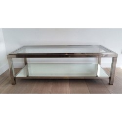 Chrome and Glass Two-Tier Coffee Table with Ribbed Frame