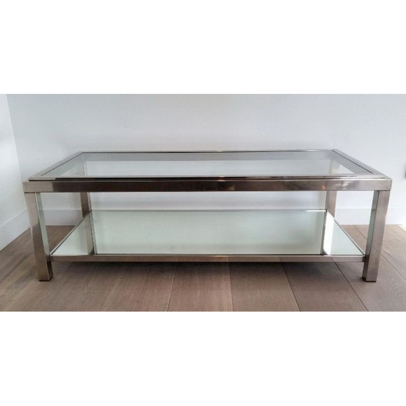 Chrome and Glass Two-Tier Coffee Table with Ribbed Frame