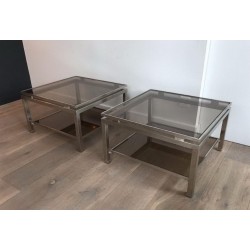 Pair of Brushed Steel and Smoked Glass Side Tables by Guy Lefèvre for Maison Jansen