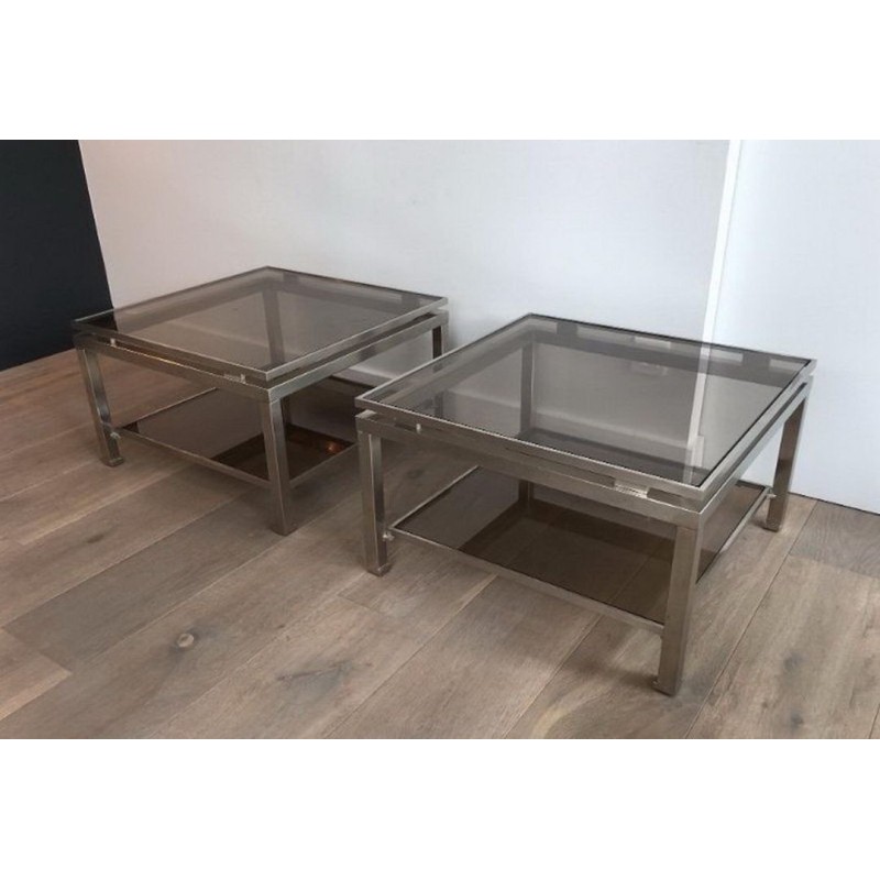 Pair of Brushed Steel and Smoked Glass Side Tables by Guy Lefèvre for Maison Jansen